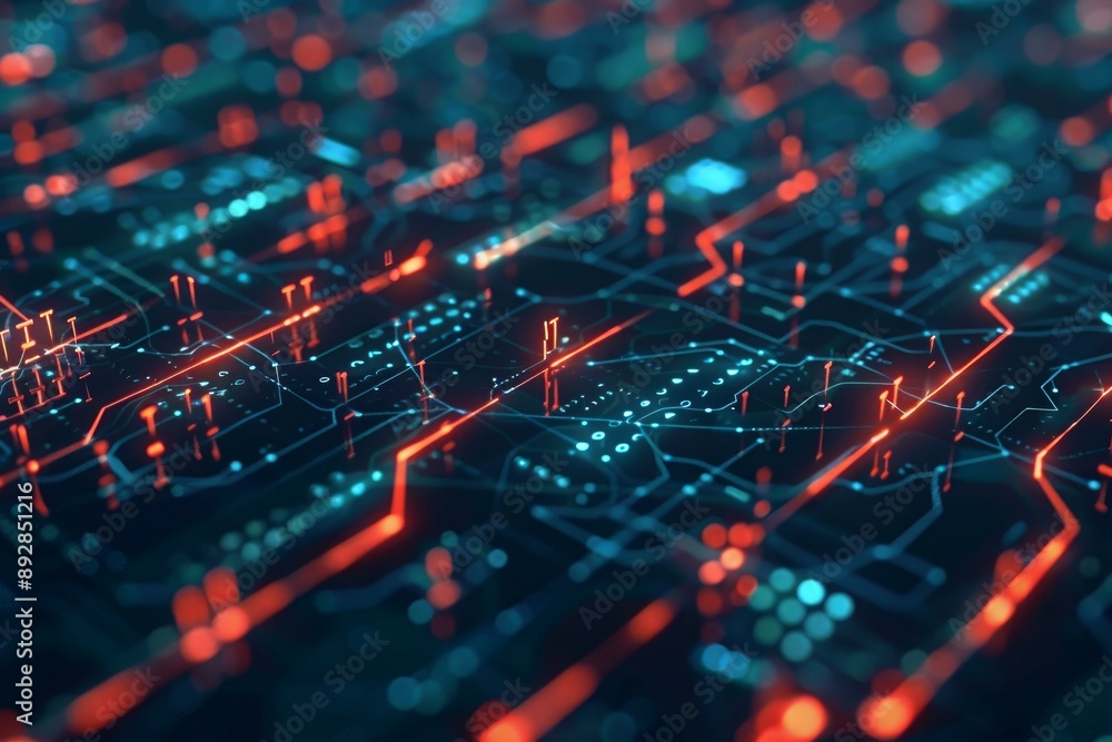 Poster abstract futuristic circuit board landscape with glowing lines, 3d modern technology, and cybernetic