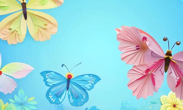 Flowers and butterflies on a blue background in paper cut style. generative ai
