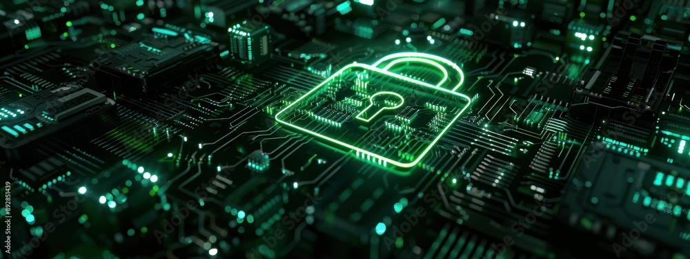 Poster glowing neon green circuit board with electronic components and a padlock symbol