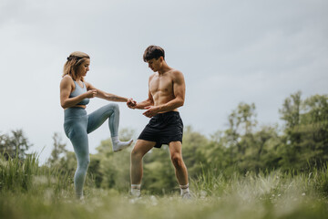 A young man and woman performing fitness exercises together in a beautiful park, engaging in a healthy and active lifestyle.