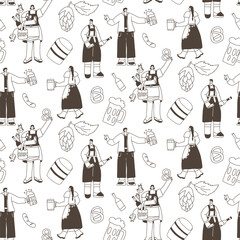 Oktoberfest characters seamless pattern. Doodle people with alcohol drinks endless background. Beer lovers repeat ornament surface. Vector hand drawn illustration.