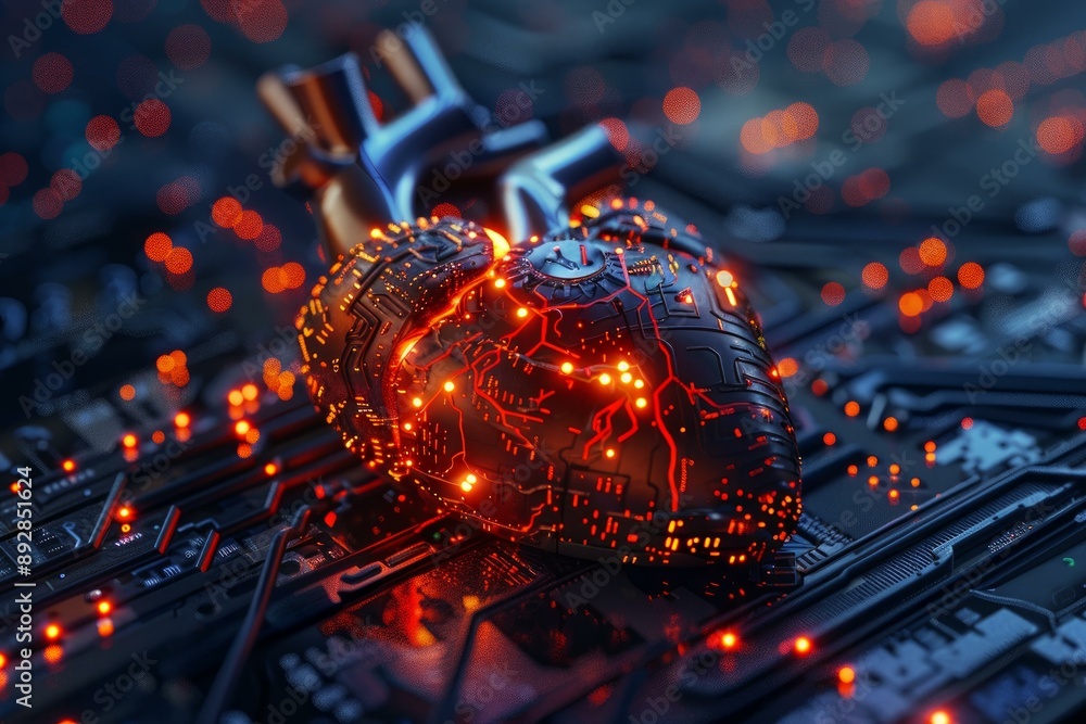 Poster 3drendered image of a hightech heart with glowing red elements on an electronic circuit