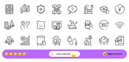 Floor lamp, Tax calculator and Teamwork question line icons for web app. Pack of Medical shield, Mail app, Hold box pictogram icons. Online voting, 5g wifi, Charging cable signs. Road. Vector