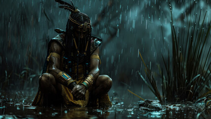 Ancient Pharaoh in Rainy Ruins