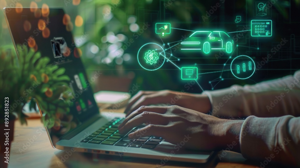 Poster a closeup of hands typing on a laptop with a green digital car interface overlay