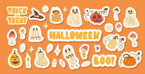 Halloween stickers set. Cute jack o lantern pumpkins, ghosts, hats and others kit. Collection of autumn festival elements and lettering. Vector hand drawn flat illustration isolated.