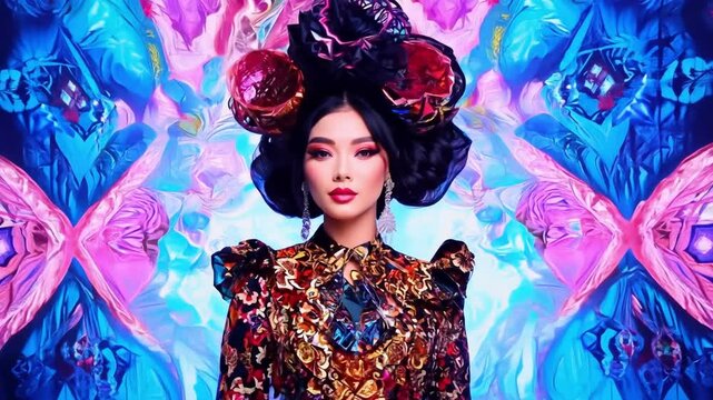 Gorgeous Asian woman in a hypermaximalist full-body shot sporting a trendy wig