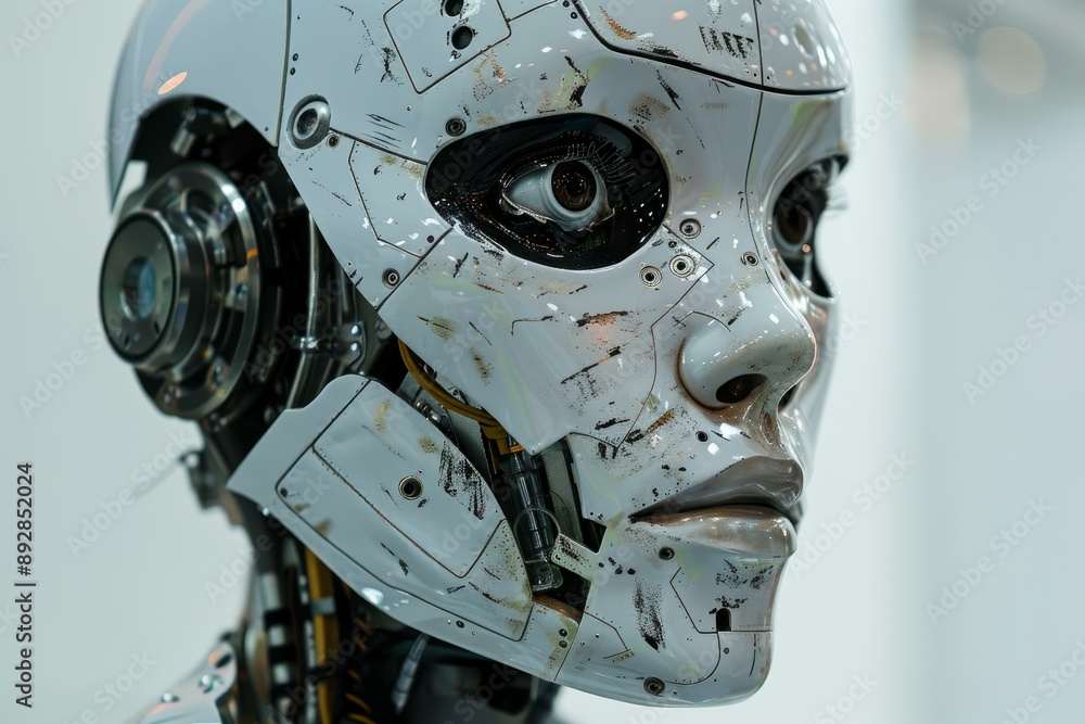 Poster detailed side view of a futuristic android's face, showcasing intricate artificial features