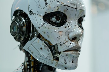 Fototapeta premium Detailed side view of a futuristic android's face, showcasing intricate artificial features