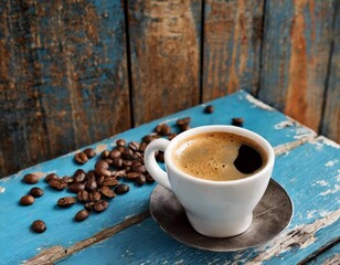 Cup of fresh coffee on vintage wooden blue table