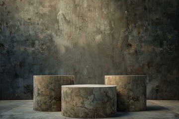 Contemporary minimalist concrete podiums with geometric cylindrical design for display and product presentation in modern interior and commercial settings