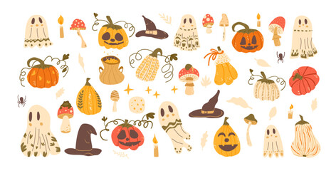 Halloween elements set. Pumpkins, holiday ghosts, witch hats and others kit. Collection of autumn festive. Candles, mushrooms and spider All Hallows' Eve. Vector illustration on white background
