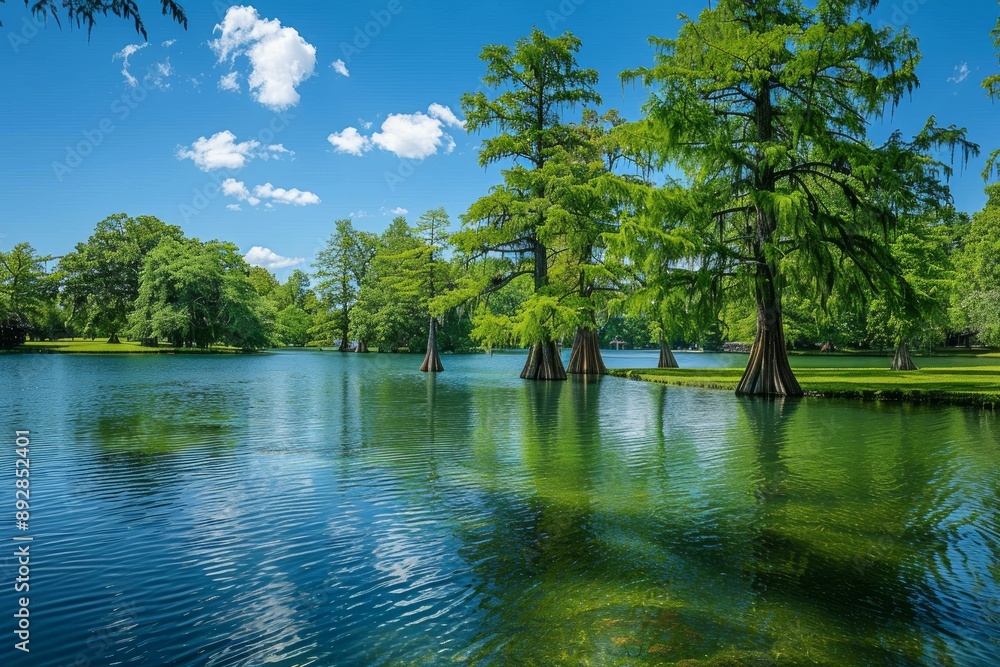 Poster Lush cypress trees bordering a tranquil lake under a clear blue sky with fluffy clouds