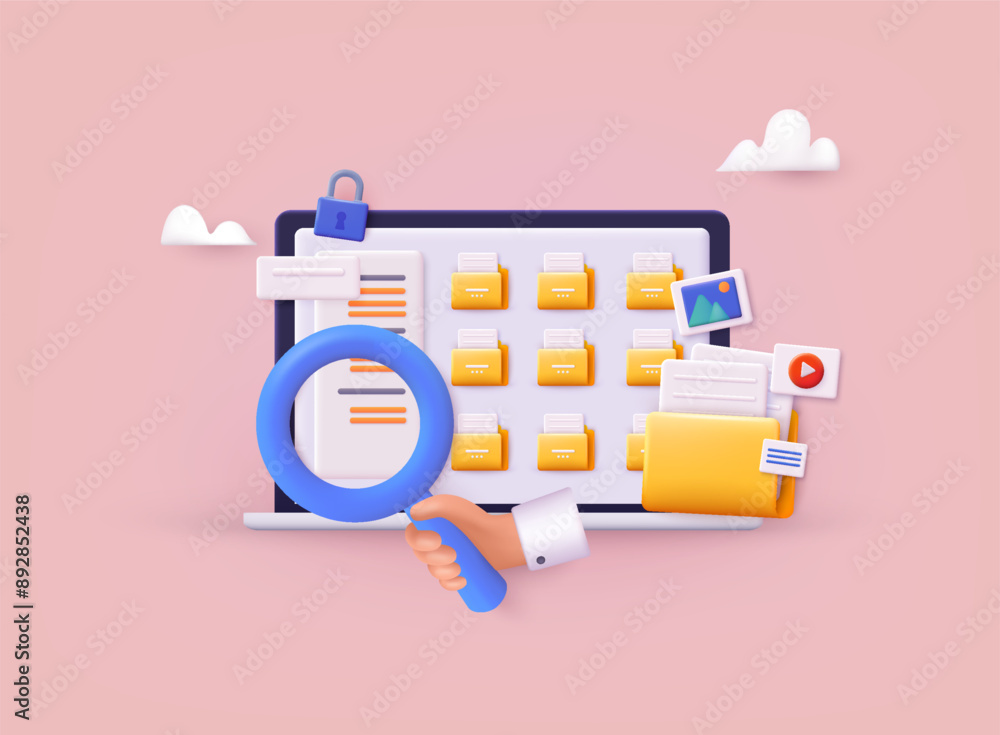 Poster file manager, electronic document storage, document synchronisation. 3d web vector illustrations.
