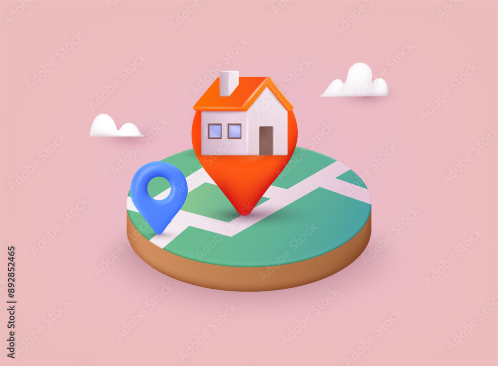 Poster navigator pin mock up with map. find house or location concept. gps navigation and travel location. 