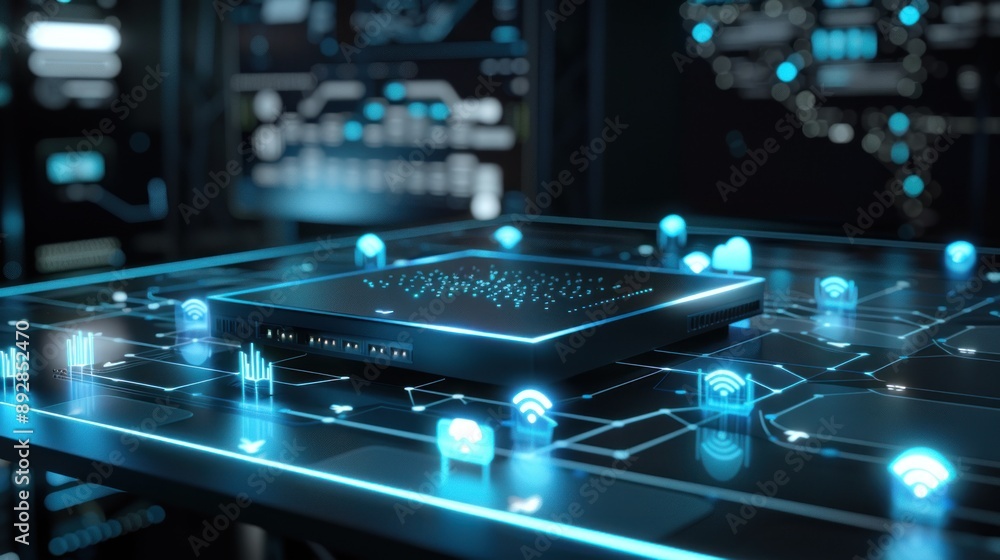 Poster A Server Glowing With Blue Light On A Network Of Data