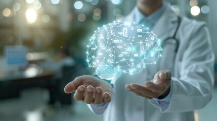 A doctor holding a digital representation of a brain symbolizing technological advancements in healthcare