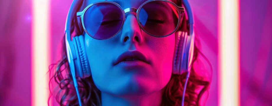 Portrait of a young woman wearing sunglasses and headphones with neon lights in the background - Powered by Adobe