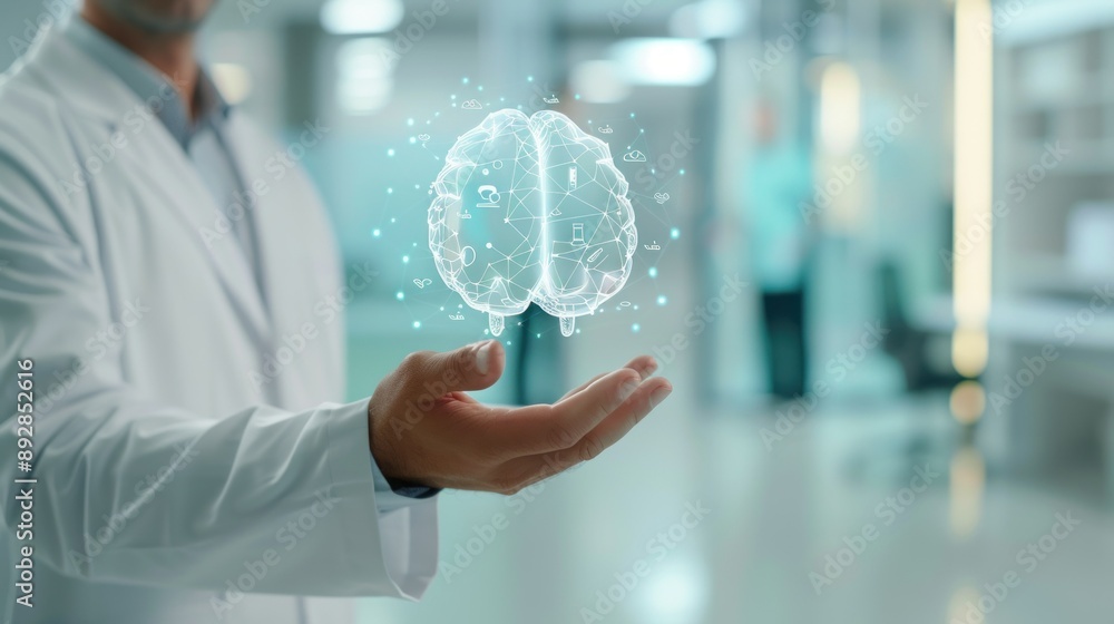 Poster a doctors hand holding a digital representation of a brain with connected icons