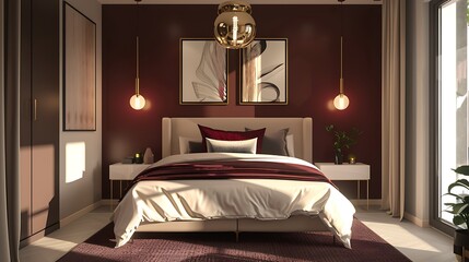 Chic bedroom interior in maroon and beige with brass accent lighting, showcasing minimalist and trendy decor for a modern look.