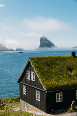 Bour Faroe Islands Bour Fjord Coast Panorama Traditional Faroese Grass Covered House