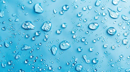 A closeup of water drops scattered on a smooth blue surface