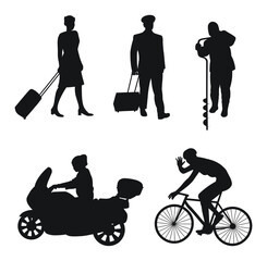 Cyclist, motorcyclist, fisherman, flight attendant, pilot, profession, hobby, black silhouette