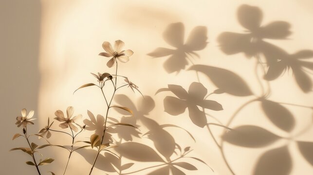 Aesthetic floral shadow silhouettes on neutral beige wall