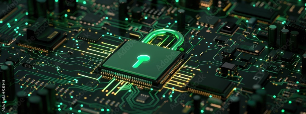Poster A closeup view of a glowing green lock embedded in a circuit board symbolizing digital security and protection