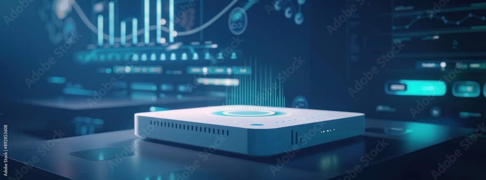 Poster a white device sits on a dark surface with glowing blue digital displays in the background