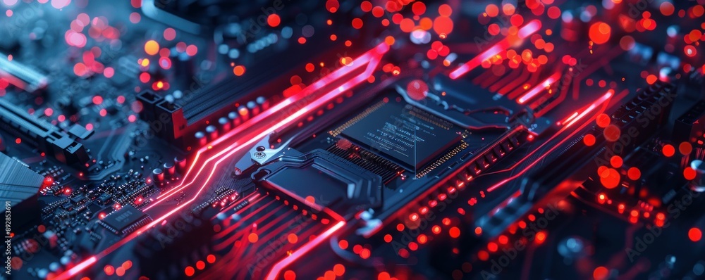 Poster Glowing red circuit board with electronic components and glowing red particles
