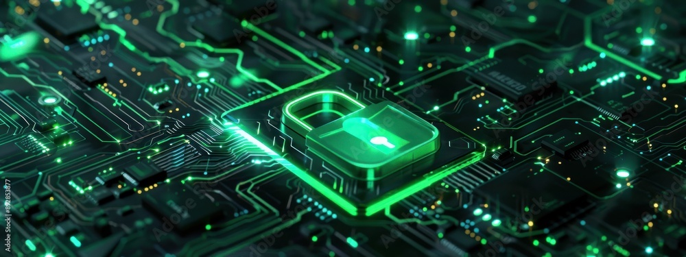Poster glowing green circuit board with a shiny metallic lock