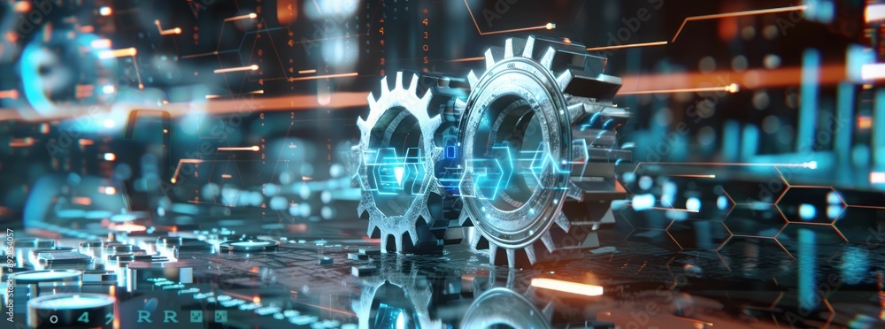 Poster futuristic glowing circuit board with metallic gears symbolizing technological advancement