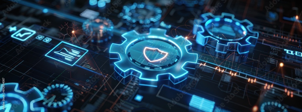 Poster futuristic glowing blue circuit board with gears and security shield