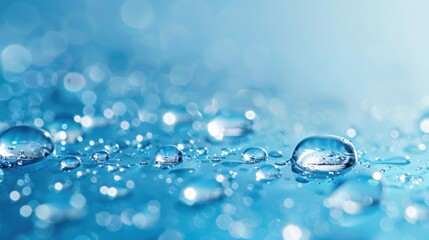 Closeup of water droplets reflecting light on a blue surface