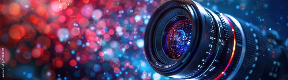 Aufkleber A closeup of a camera lens reflecting a colorful bokeh effect
