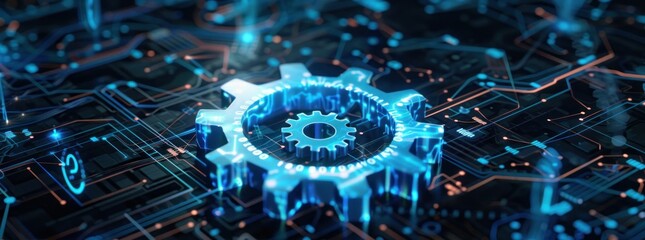 Futuristic circuit board with glowing gear symbolizing technology and innovation