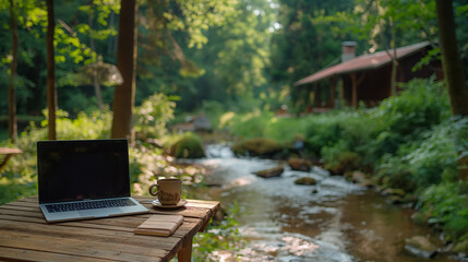 remote work, work in nature, workspace against the backdrop of a forest and a lake or river