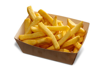 French fries in cardboard take way tray isolated