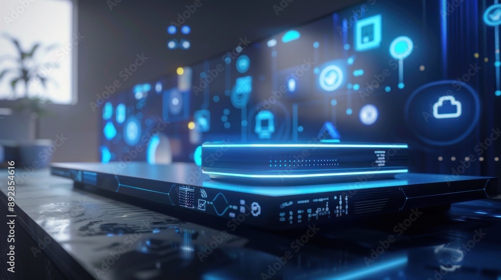 Poster A futuristic server with glowing blue lights sits on a table with a digital backdrop