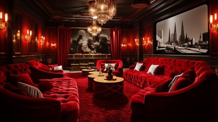 A luxurious, Gatsby-era home cinema room with plush, red velvet seats, a large projection screen, art deco wall sconces, and a vintage popcorn machine. 