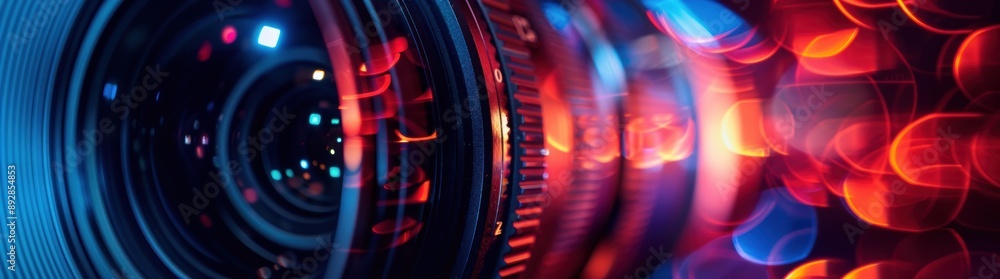 Aufkleber A closeup view of a camera lens reflecting red and blue lights creating abstract bokeh patterns