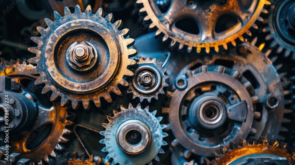 Poster A close up of a group of rusty metallic gears interlocked with one another