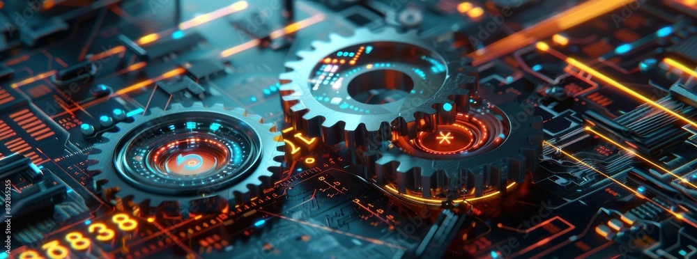 Poster futuristic glowing circuit board with illuminated gears
