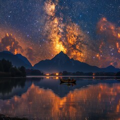 Serene Night: Milky Way Over Mountain Silhouette Reflecting in Lake