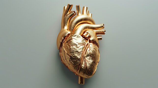 An image of a gold anatomical human heart, illustrating a concept in anatomy and medicine