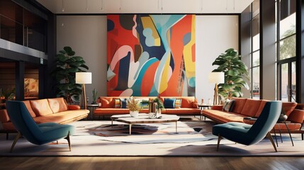 A spacious, mid-century modern lounge with a large, sectional sofa, a sleek coffee table, and retro-inspired armchairs. 