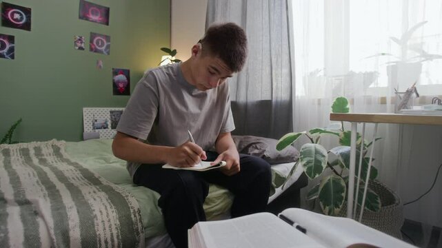Full shot of teenage deaf Caucasian boy with cochlear implant device sitting on bed at home in daytime, writing in notebook, studying textbook, while getting ready for school