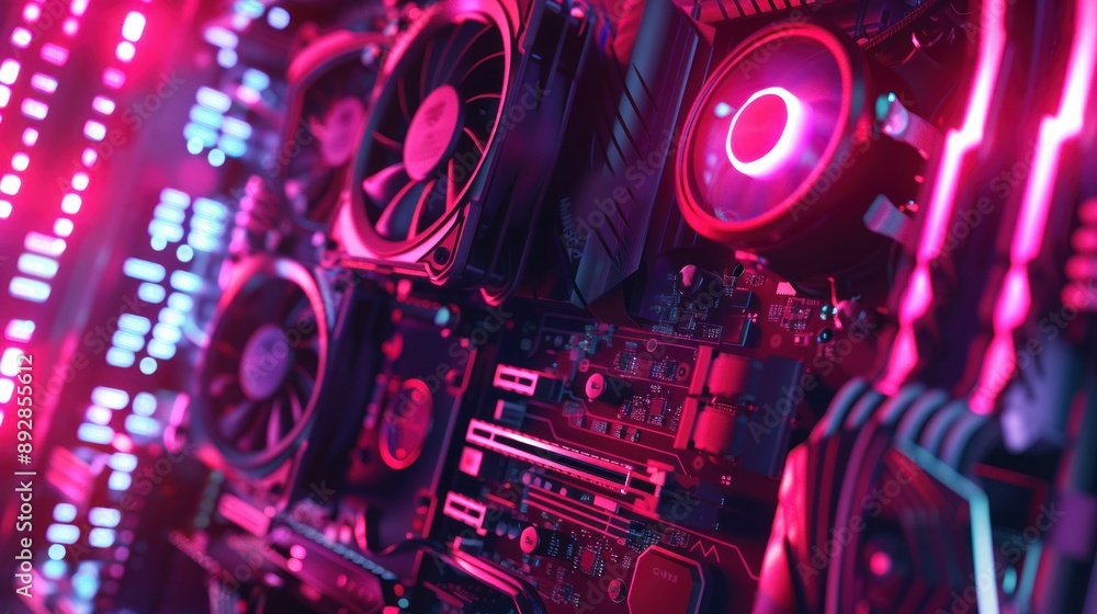 Aufkleber Glowing Pink Computer Hardware with Circuitry and Cooling Fans