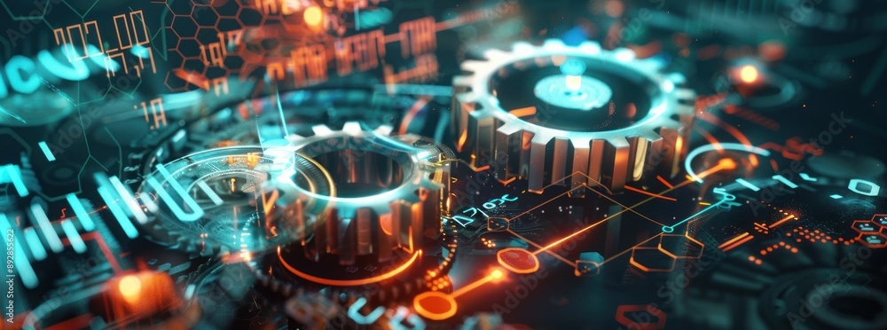 Poster futuristic glowing circuit board with gears and binary code